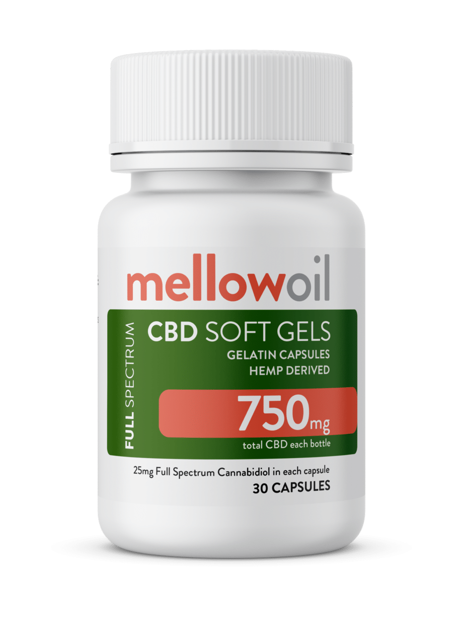 Mellow Oil 25mg Full Spectrum CBD Gelatin Capsules with 750mg Cannabidiol – 30 per bottle