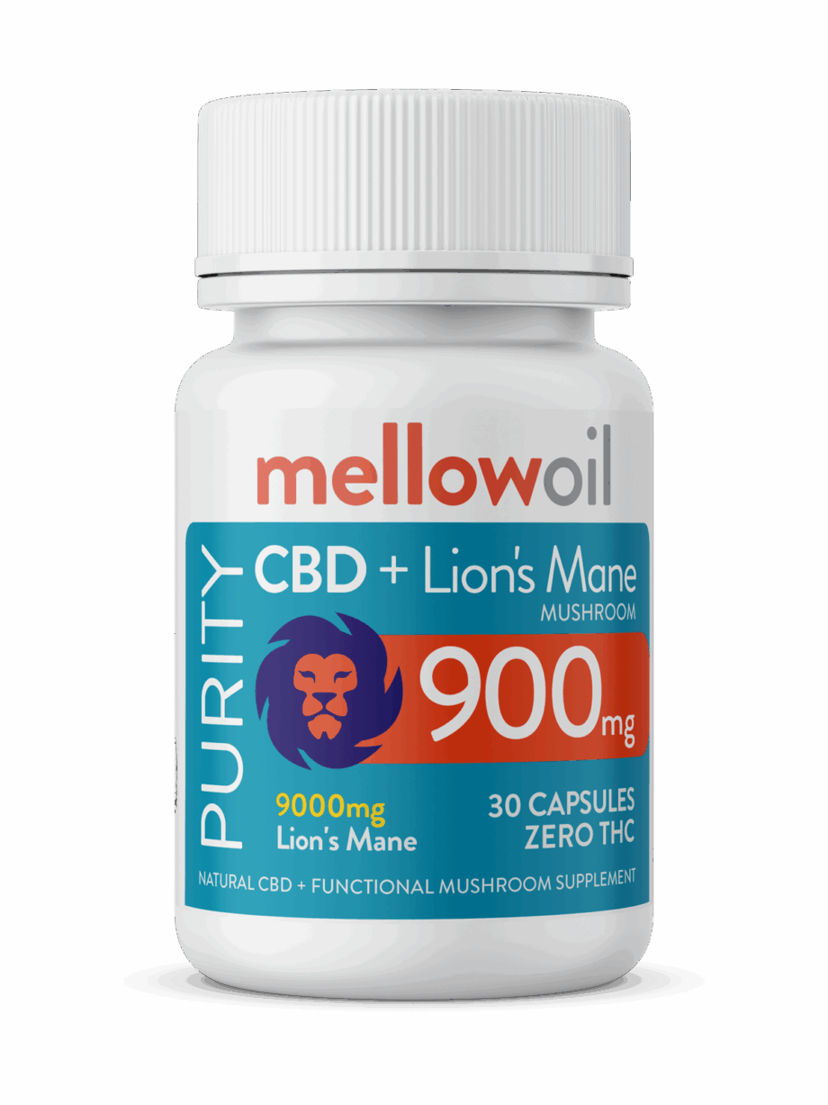 Mellow Oil Purity CBD + Lion’s Mane Cognitive Support Capsules – 900mg CBD & 9000mg Functional Mushroom / 30 capsule bottle