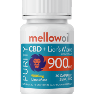Mellow Oil Purity CBD + Lion’s Mane Cognitive Support Capsules – 900mg CBD & 9000mg Functional Mushroom / 30 capsule bottle