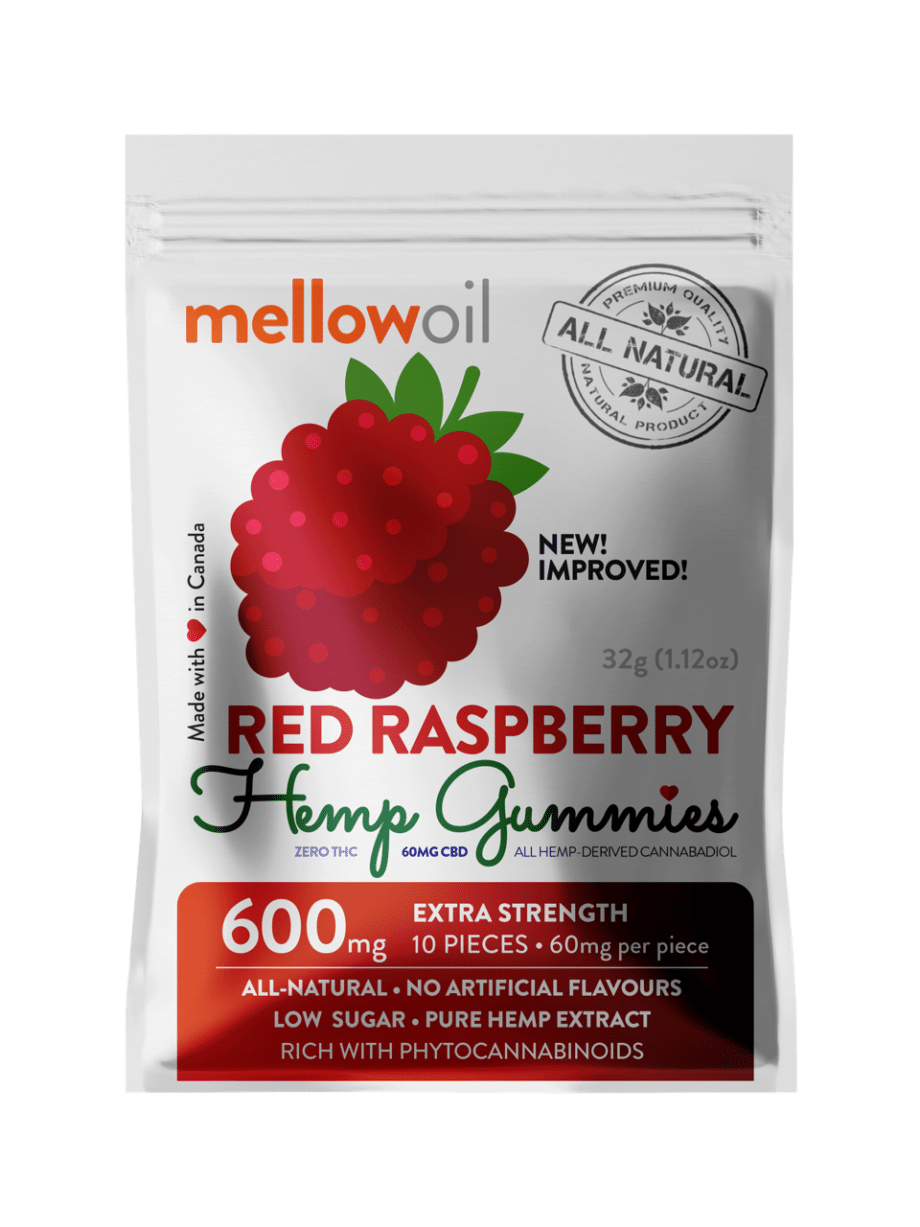 Mellow All-Natural EXTRA Strength CBD Raspberry Hemp Gummies 600mg / 10 pieces with 60mg of Pure Hemp Extract each piece