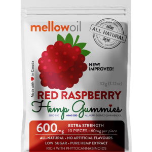 Mellow All-Natural EXTRA Strength CBD Raspberry Hemp Gummies 600mg / 10 pieces with 60mg of Pure Hemp Extract each piece
